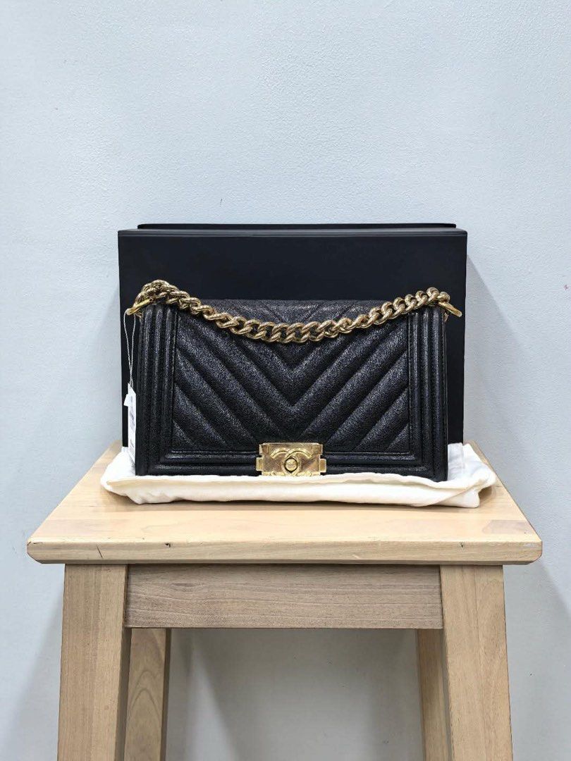 Chanel Le Boy Chevron Black Gold Hardware Handbag (Category: Luxury Bags & Wallets) located in Tarlac. Submitted by broyoyo (Listing ID 1469909628, Image 1). Description: - Authentic Chanel Boy bag in caviar leather - complete inclusions -like new condition -negotiable for sure buyer - Perfect everyday luxury piece that goes with everything.