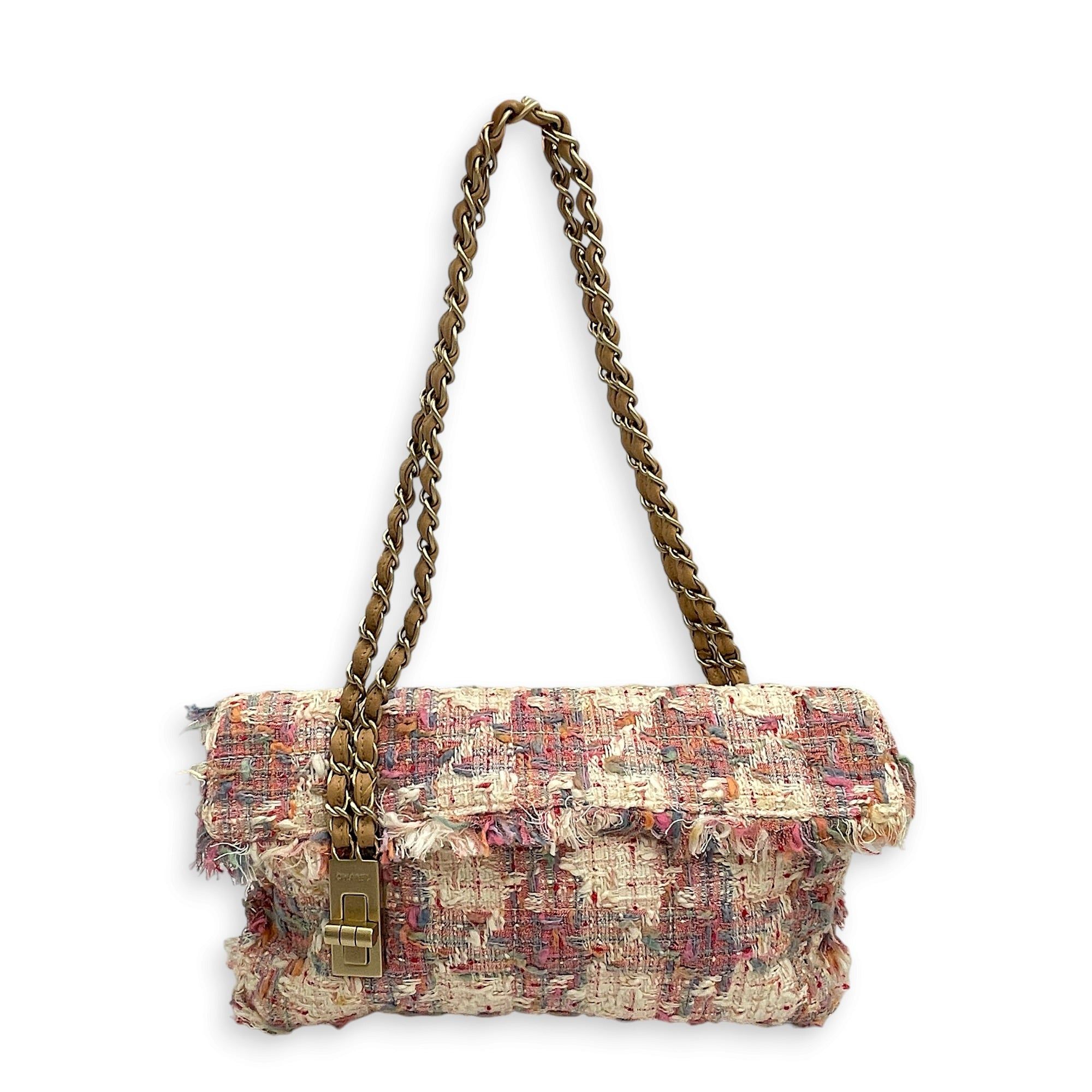 Chanel Vertical Lock Flap Pink Shoulder Bag in Tweed Light Gold ...