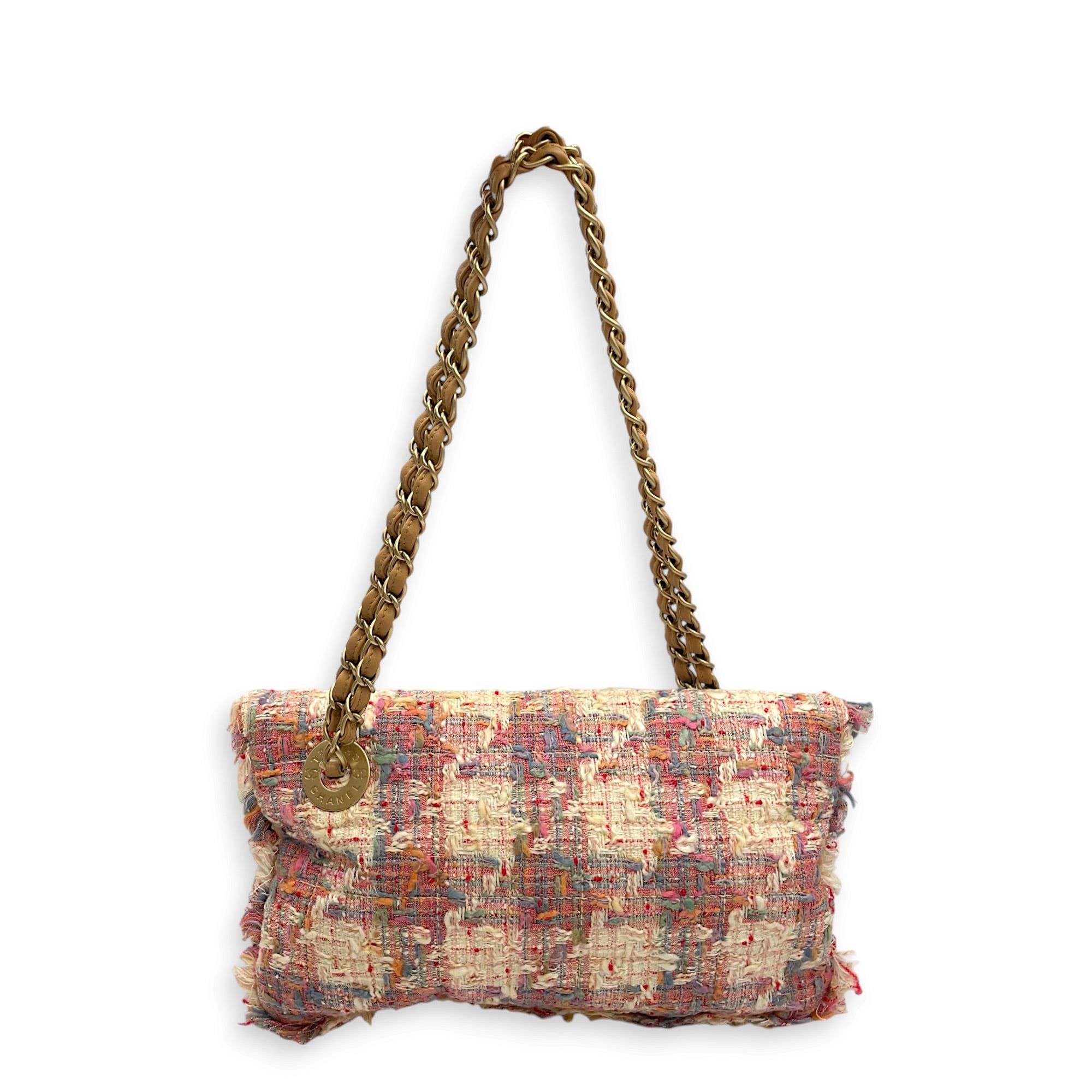 Chanel Vertical Lock Flap Pink Shoulder Bag in Tweed Light Gold ...