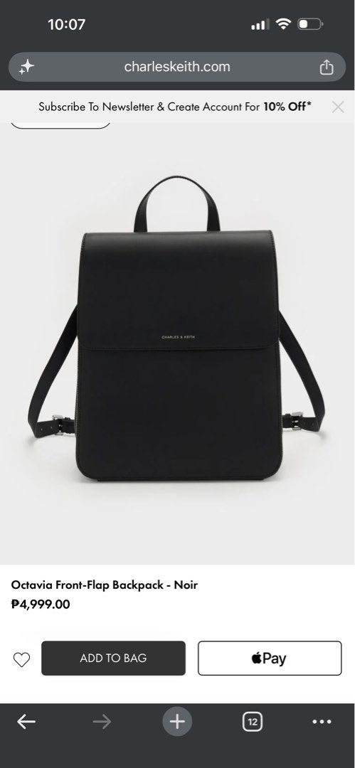 Charles & Keith Octavia Front-Flap Backpack - Noir (Category: Backpacks) located in Pasay City. Submitted by hiyasjewels (Listing ID 1469773220, Image 1). Description: - Brand: Charles & Keith - Model: Octavia Front-Flap Backpack - Color: Classic Black with Silver Hardware - Material: Premium faux leather - Versatility: Top handle and adjustable convertible straps - Closure: Magnetic front flap - Storage: Lined interior with zippered and slip poc