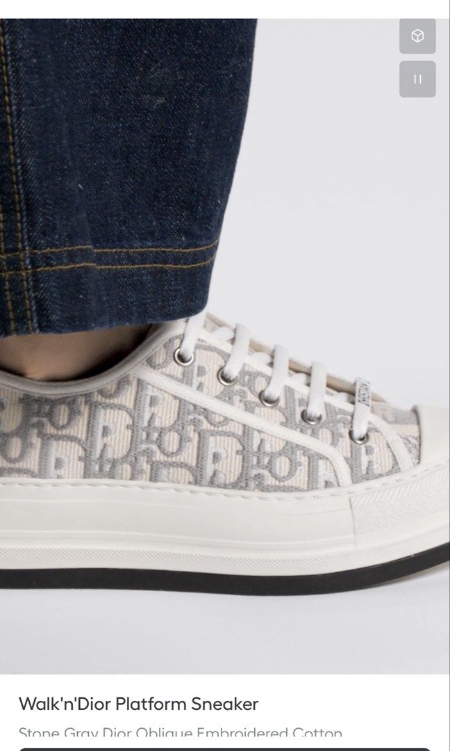 Christian Dior: Walk'n'Dior Platform Sneaker (Category: Sneakers) located in Pasig City. Submitted by jie1031 (Listing ID 1469881748, Image 2). Description: Walk’n’Dior Platform Sneaker Stone Gray Dior Oblique Embroidered Cotton The Walk’n’Dior platform sneaker enhances the line with a modern creation. The stone gray Dior Oblique embroidered cotton upper is complemented by a comfortable thick sole, tongue and Christian Dior Paris laces. The sneak