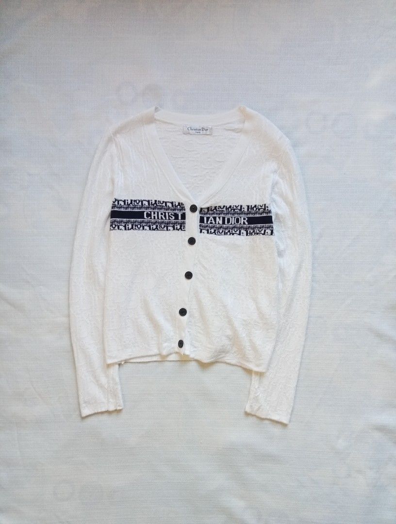 Christian Dior white monogram knitted cardigan (Category: Luxury Apparel) located in Bagabag. Submitted by thrift_stories96 (Listing ID 1469898853, Image 1). Description: Christian Dior white monogram knitted cardigan Medium Length - 22.5 Width - 18 Condition - excellent No flaw.