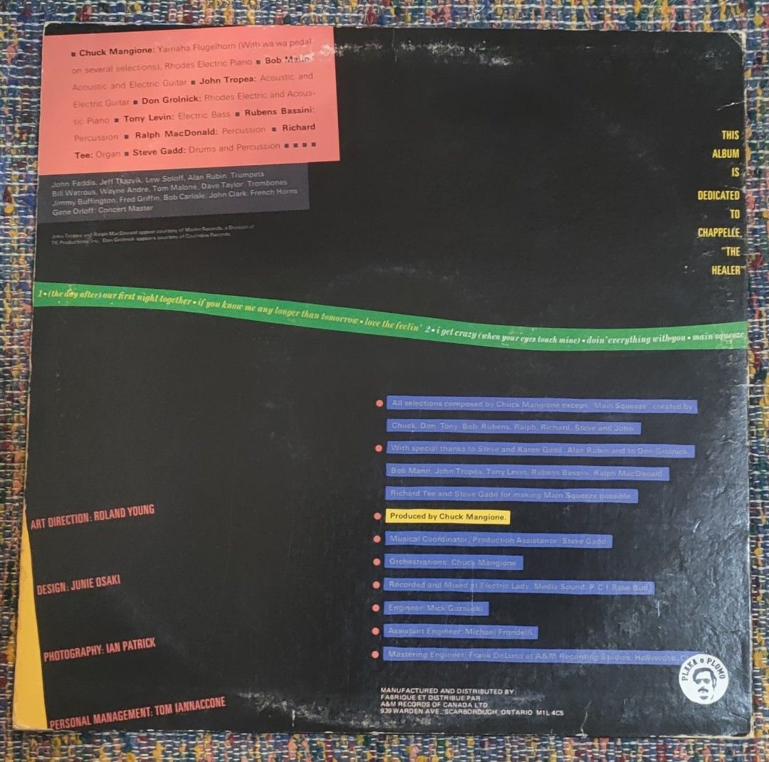 Chuck Mangione - Main Squeeze LP Vinyl Record (Category: Vinyls) located in Quezon City. Submitted by plaka.o.plomo (Listing ID 1469831356, Image 2). Description: Artist(s) : Chuck Mangione Album : Main Squeeze Year : 1976 Media : VG+ Color : Black Sleeve : VG+ No. : 1x Vinyl Size : 12" RPM : 33 Country : Canada Catalog No. : SP 4612 Tracklist : - Side One 1. (The Day After) Our First Night Together 8:01 2. If You Know Me Any Longer Than Tomorrow