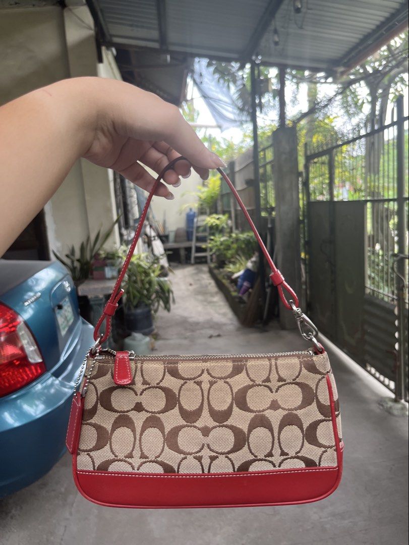 Coach Demi Signature Monogram Red Bag (Category: Luxury Bags & Wallets) located in General Santos City (Dadiangas). Submitted by cinnamongirlypop (Listing ID 1469505029, Image 1). Description: - Authentic Coach signature monogram canvas shoulder bag - Vibrant red leather bottom trim, matching strap, and side piping - Secure top zip closure with polished silver hardware - Includes original red leather Coach hangtag on a beaded chain - Compact size