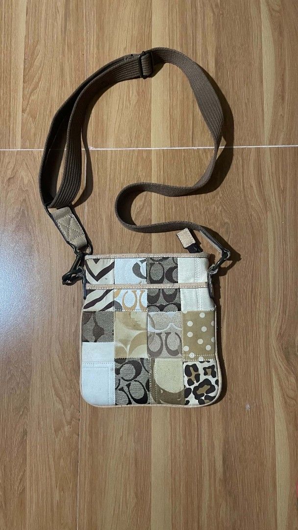 Coach Patchwork Signature Crossbody Bag (Category: Cross-body Bags) located in Bayambang. Submitted by ducojanus904184 (Listing ID 1469887739, Image 1). Description: - Brand: Coach - Style: Signature Patchwork Crossbody Bag - Colorway: Brown, beige, and white - Exterior: Multi-pattern fabric featuring classic C prints, polka dots, leopard print, and stripes - Hardware: Gold-tone - Strap: Adjustable brown canvas shoulder strap - Closure & Interior