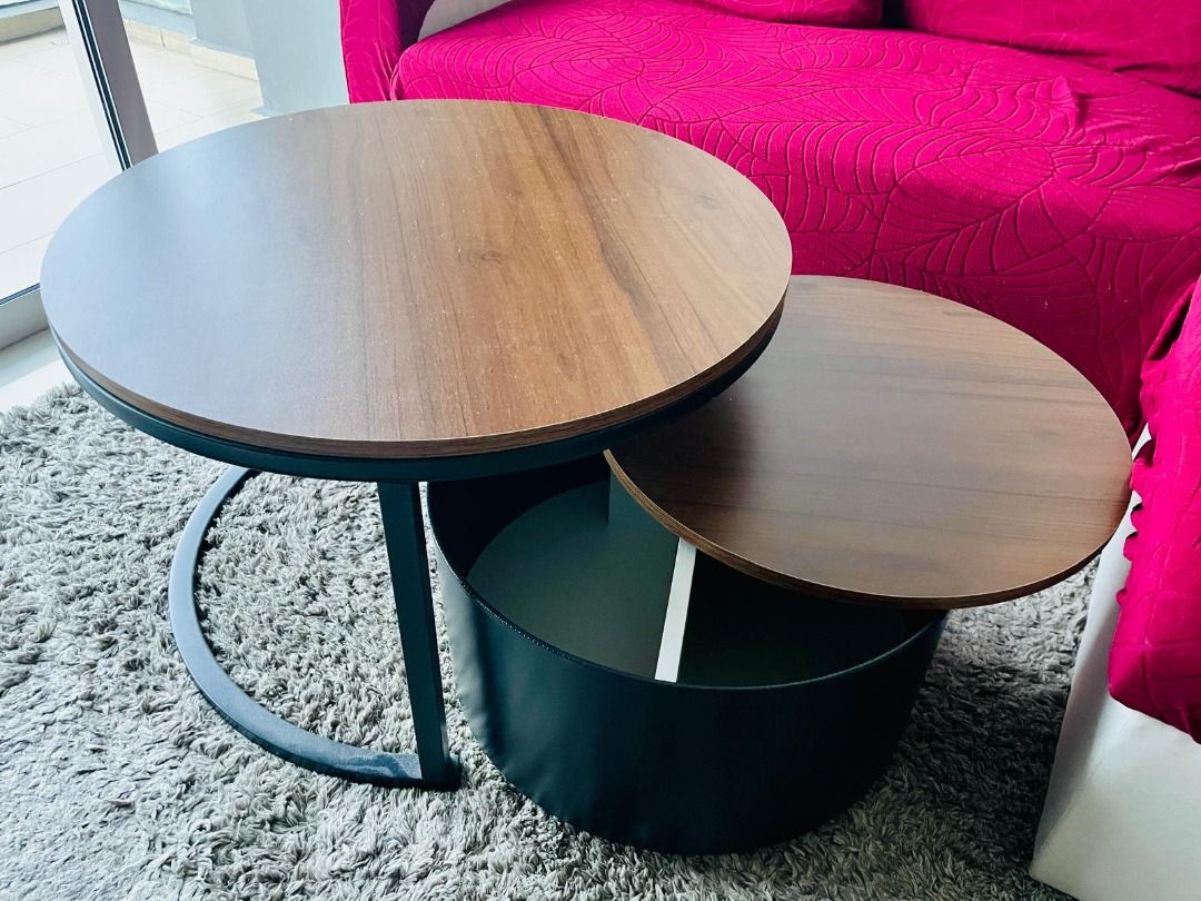 Coffee Table + side table with storage (Category: Tables & Sets) located in Singapore. Submitted by purefire_c78e9g (Listing ID 1469865842, Image 2). Description: Like new condition - Coffee table + side table with roller and storage dark oak + black color Dimensions provided in the image Buyer to arrange for pick up.
