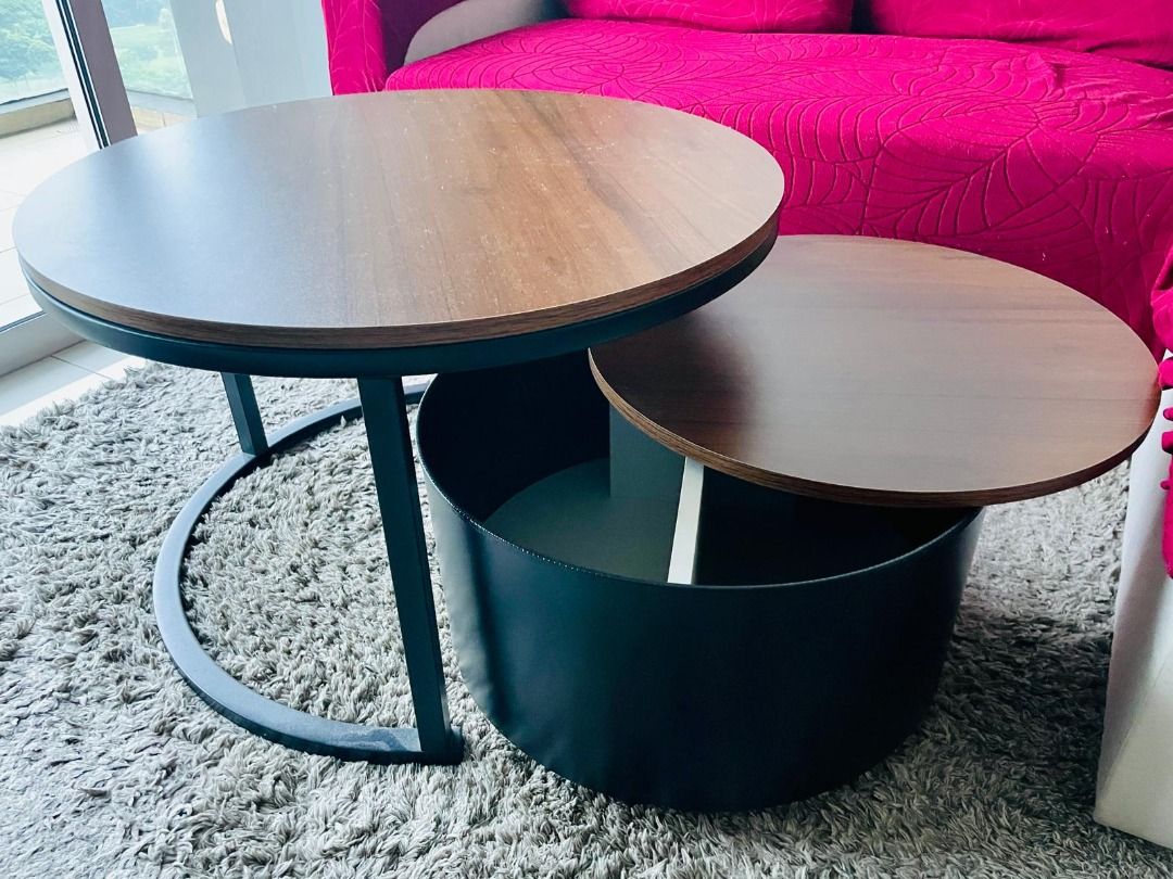 Coffee Table + side table with storage (Category: Tables & Sets) located in Singapore. Submitted by purefire_c78e9g (Listing ID 1469865842, Image 3). Description: Like new condition - Coffee table + side table with roller and storage dark oak + black color Dimensions provided in the image Buyer to arrange for pick up.