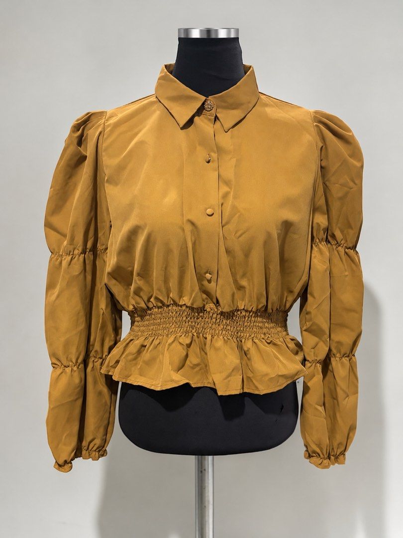 Collared Blouse with Ruffled Waist (Category: Blouses) located in Santa Cruz. Submitted by zellethrifts (Listing ID 1469927467, Image 1). Description: • Bought in Zara Japan 🇯🇵 • Brand new / unused • Fits medium to large • In excellent condition • Photos taken using mannequin only 🚚 Shipping via J&T only 📦 Shipping fee to be shouldered by buyer 💳 Mode of payment: GCash 📍 Santa Cruz, Laguna.