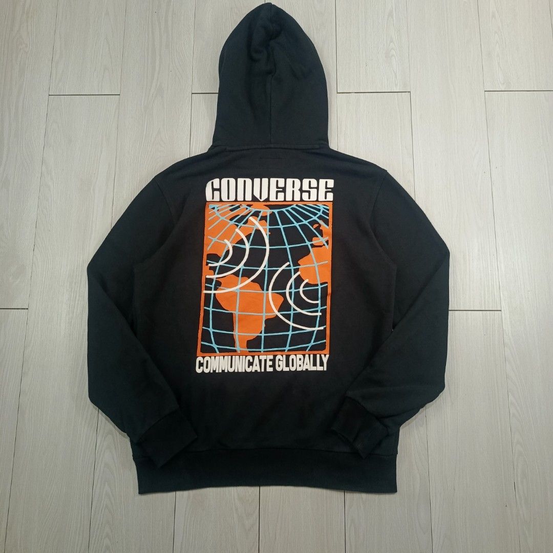 Converse "Communicate Globally" graphic hoodie (Category: Coats, Jackets and Outerwear) located in Cavite. Submitted by goodasnew. (Listing ID 1469869517, Image 3). Description: •M on tag, Semi to L •Exce/As New Condition | No issue‼️ •Can do Vc For Checking/Legitimacy. •Shipping Jnt/Lalamove..