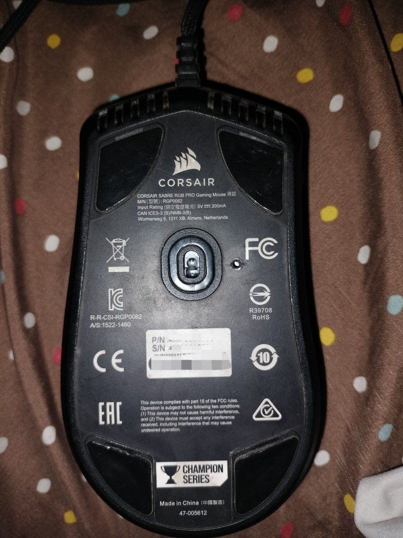 Corsair Sabre RGB Pro (Category: Mouse & Mousepads) located in Caloocan City. Submitted by EUMMC (Listing ID 1469865725, Image 1). Description: ** Signs of use DPI lights have yellowed Scroll wheel is jumping Switches have been replaced Everything else is fine.