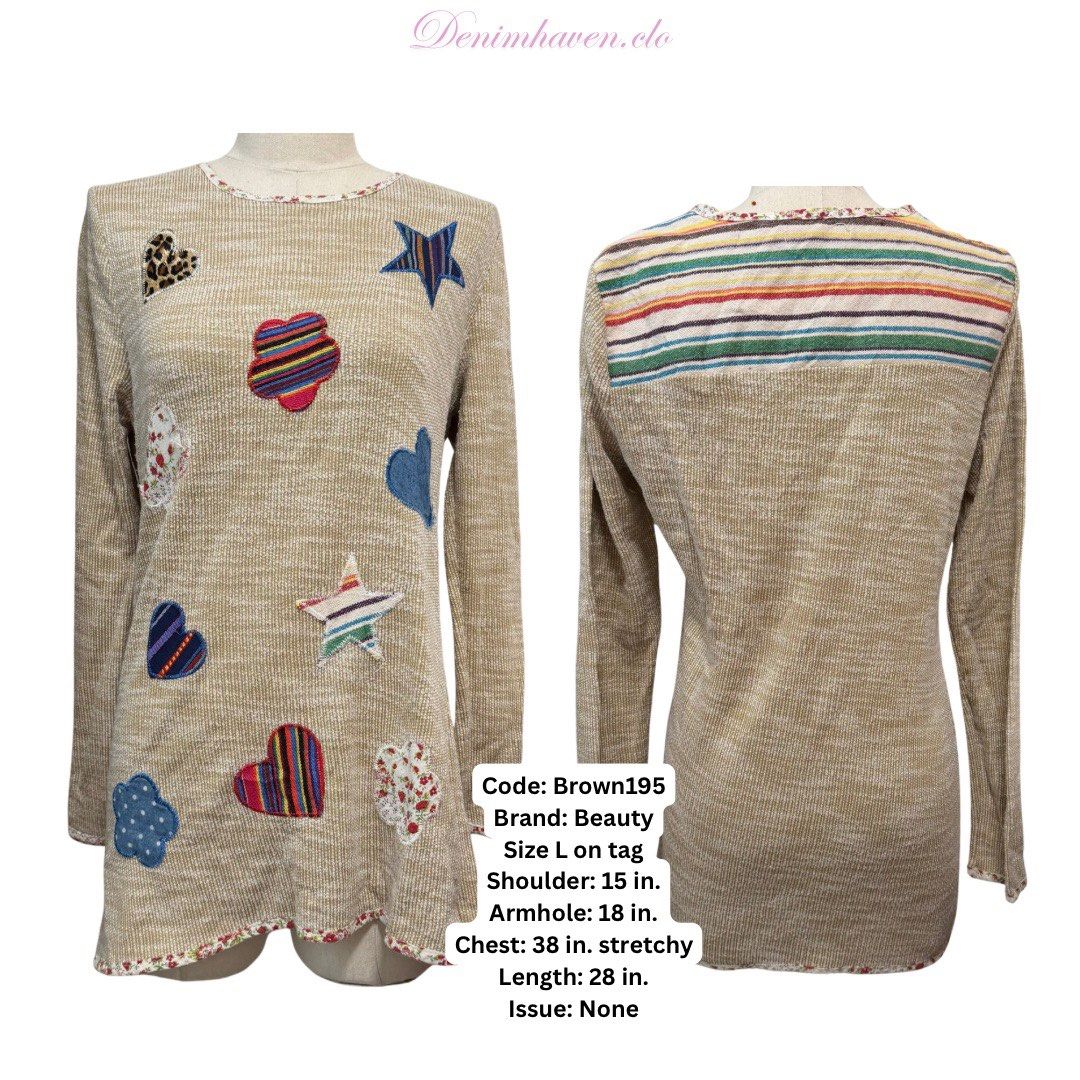 Cottagecore Boho Brown195 | Beauty | Beige Patchwork Knit Top with Multi-Pattern Appliques | L (Category: Longsleeves) located in Tagum. Submitted by denimhaven.clo (Listing ID 1469886310, Image 1). Description: Code: Brown195 Brand: Beauty Size: Size L on tag Shoulder: 15 in. Armhole: 18 in. Chest: 38 in. (stretchy) Length: 28 in. Condition / Issue: None Details: Cozy beige textured knit long-sleeve top featuring whimsical assorted patterned pat