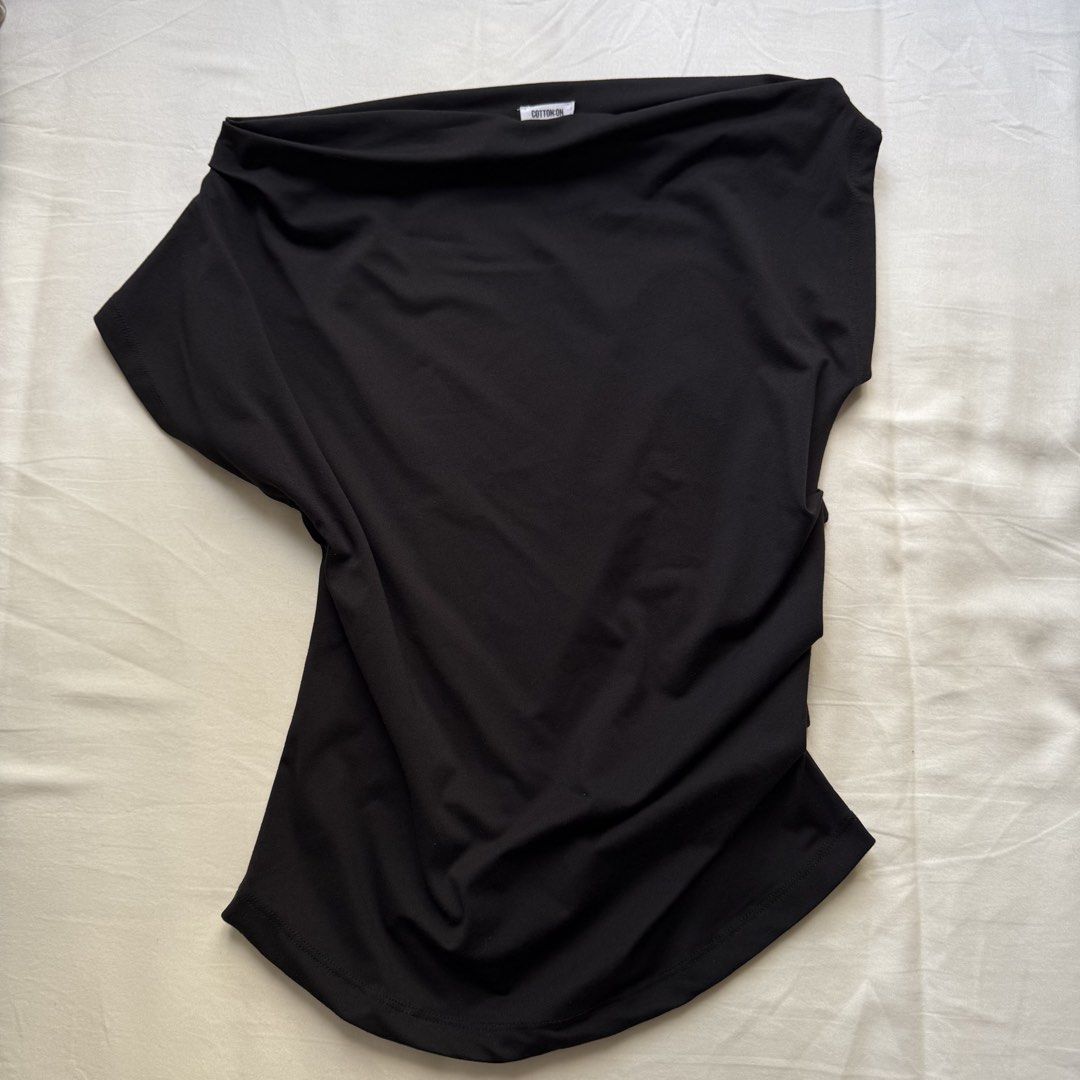 Cotton On Black Off-Shoulder Top Size S (Category: Blouses) located in Pasig City. Submitted by notshynotmeee (Listing ID 1469809020, Image 1). Description: - Brand: Cotton On - Style: Off-shoulder top with draped neckline and cap sleeves - Color: Black - Size: Small - Material: Soft and stretchy fabric - Condition: Pre-loved, worn a couple of times, solid condition - Versatile piece, easy to pair with jeans or skirts.