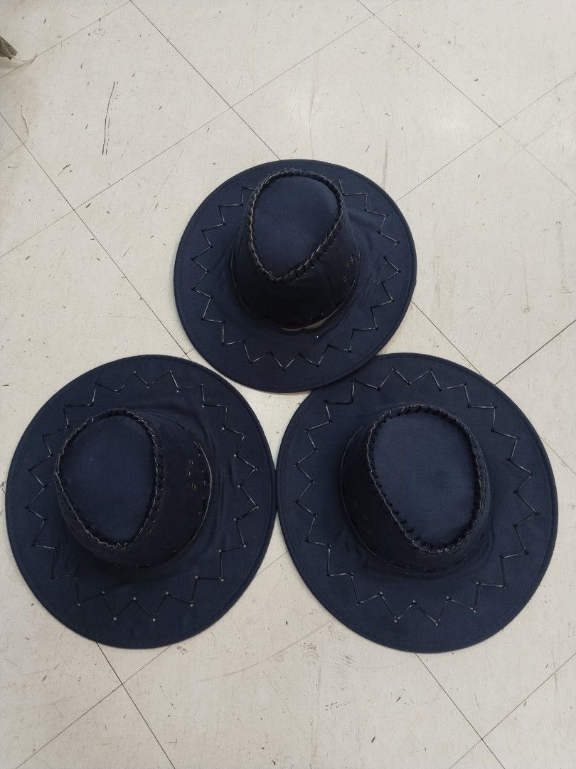 Cowboy hat Navy blue (Category: Caps & Hats) located in Manila. Submitted by zdmal (Listing ID 1469799552, Image 2). Description: - Set of 3 matching black hats - Features stylish zigzag stitching on wide brims and pointed crowns - Made from dark, durable fabric - Perfect for group costumes, Halloween, and themed parties - Ready to ship from the Philippines.