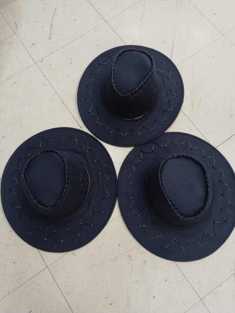 Cowboy hat Navy blue (Category: Caps & Hats) located in Manila. Submitted by zdmal (Listing ID 1469799552, Image 1). Description: - Set of 3 matching black hats - Features stylish zigzag stitching on wide brims and pointed crowns - Made from dark, durable fabric - Perfect for group costumes, Halloween, and themed parties - Ready to ship from the Philippines.