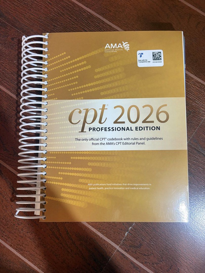 CPT 2026 Professional Edition Codebook AMA (Category: Textbooks) located in Manila. Submitted by silverturtle_953803 (Listing ID 1469857715, Image 1). Description: - Official AMA 2026 CPT Codebook, Professional Spiral-Bound Edition - Includes complete guidelines and rules from the CPT Editorial Panel - Features Transparency app QR code sticker on the front cover - Clean, unmarked pages with sturdy white coil binding - Essential reference for medi