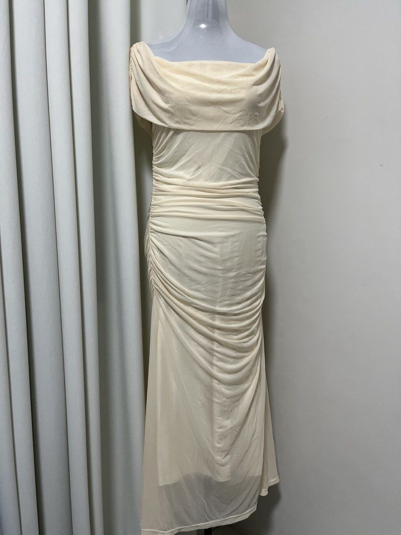 Cream Off-Shoulder Draped Long Dress (Category: Dresses) located in Angeles City. Submitted by pinkpool (Listing ID 1469768961, Image 1). Description: Gorgeous cream long dress featuring an off-shoulder draped collar and elegant ruching. Made with soft sheer overlay fabric. Perfect for special occasions!.