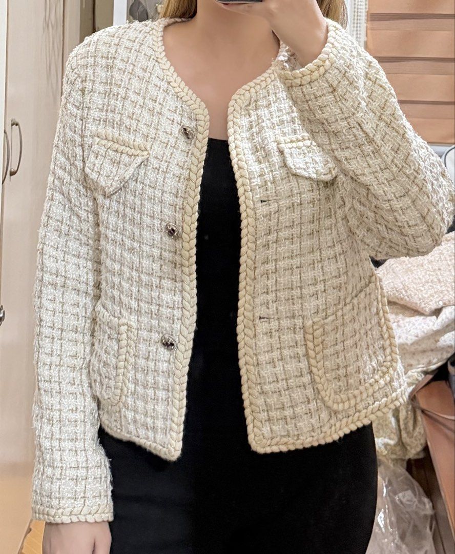 Cream Tweed Open Front Cropped Jacket with Pockets (Category: Coats, Jackets and Outerwear) located in Cabuyao City. Submitted by beverlybella (Listing ID 1469913913, Image 2). Description: - Color: Cream and gold - Style: Short cropped tweed jacket with open front and metallic button details - Like new - Fits S-L.