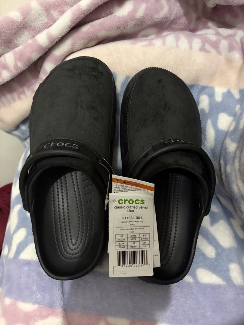 Crocs Classic Crafted Velvet Clog Black (Category: Slippers and slides) located in Manila. Submitted by viadinamama143 (Listing ID 1469810251, Image 1). Description: - Brand new with tags attached (BNWT) - Stylish black soft velvet upper finish - Classic comfortable slip-on design with pivoting heel strap - Unisex sizing: US M7 / W9, EUR 39-40 - Perfect, super comfy daily wear shoes Original Money back guaranteed Pasabuy po ito from Canada di kin