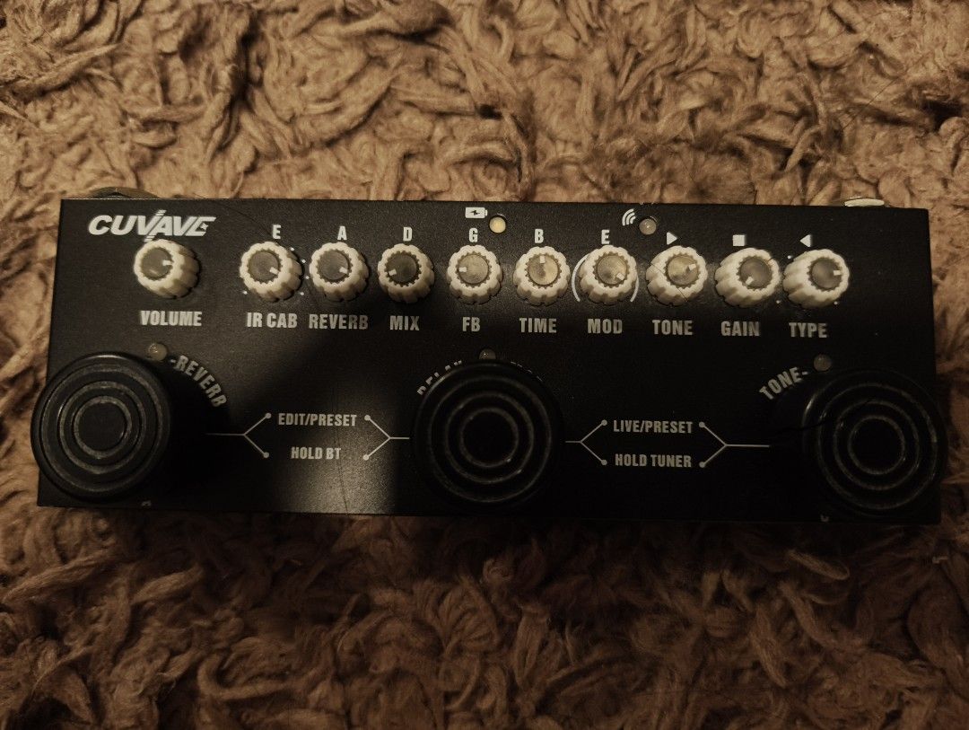 Cuvave Multi Effects Guitar Pedal (Category: Musical Instruments) located in Rizal. Submitted by norkizz92 (Listing ID 1469865530, Image 1). Description: - Cuvave electric guitar multi-effects pedal in sleek black metal chassis - Fully equipped with volume, gain, tone, mod, delay, reverb, IR cab, and type controls - 3 foot switches for tap tempo, presets, tuner, and Bluetooth functionality - Powered by a convenient internal rechargeable battery -