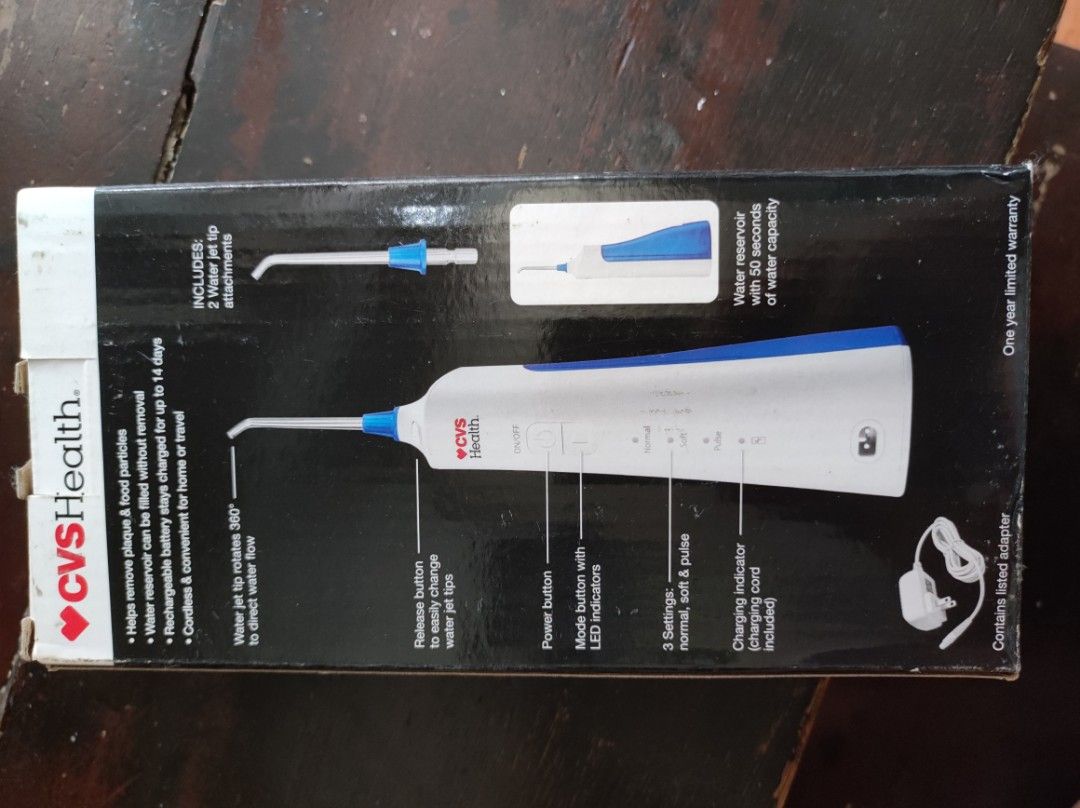 CVS Health Cordless Water Flossing System (Category: Oral Care) located in Quezon City. Submitted by valdimn (Listing ID 1469798739, Image 3). Description: - Brand: CVS Health - Type: Rechargeable cordless water flossing system - Modes: 3 settings (Normal, Soft, Pulse) - Capacity: 50 seconds of water capacity - Compatibility: Safe for braces, implants, and bridges - Benefits: Powerful water pulsation for effective flossing and improved gum health