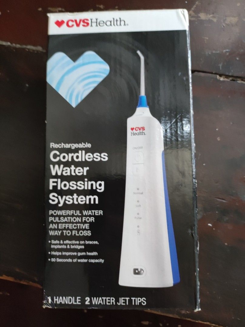 CVS Health Cordless Water Flossing System (Category: Oral Care) located in Quezon City. Submitted by valdimn (Listing ID 1469798739, Image 1). Description: - Brand: CVS Health - Type: Rechargeable cordless water flossing system - Modes: 3 settings (Normal, Soft, Pulse) - Capacity: 50 seconds of water capacity - Compatibility: Safe for braces, implants, and bridges - Benefits: Powerful water pulsation for effective flossing and improved gum health