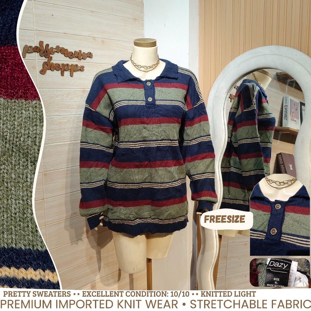 Dazy Cable light Knit Striped Polo Sweater Oversized Freesize (Category: Longsleeves) located in Bulacan. Submitted by alyssarys (Listing ID 1469933414, Image 1). Description: - Brand: Dazy - Design: Multi-color stripe pattern (Navy blue, olive green, maroon, yellow) - Style: Polo collar with a two-button placket and long sleeves - Material: Premium imported knit, very stretchable, lightweight, and soft - Size: Freesize (tagged XL) - Condition: E