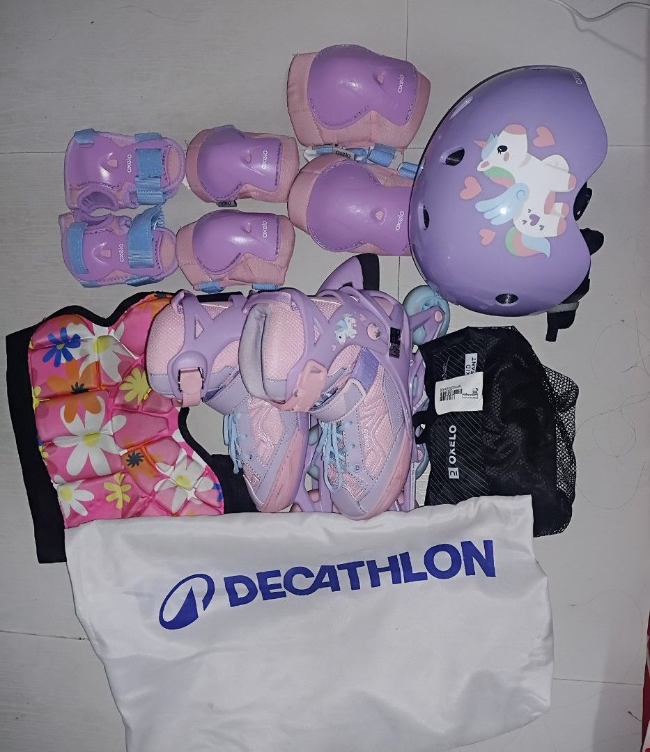 Decathlon Dream Unicorn Roller Skates Set with Protective Gear (Category: Skates, Rollerblades & Scooters) located in Quezon City. Submitted by bido01 (Listing ID 1456227702, Image 3). Description: - Adorable unicorn design roller skates in purple and pink. - Includes matching helmet for head protection. - Comes with knee and elbow pads for added safety. -hip protector padded( not oxelo bought sa orange app) - Size 32-35 - Ideal for children lear