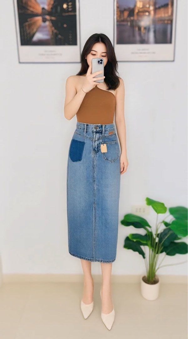Denim Long Skirt | S: 26-28 (Category: Skirts) located in Manila. Submitted by bengirlclothing (Listing ID 1469765512, Image 1). Description: - Style: Long blue denim midi skirt -Size: 26-28 inches -Length : 32 inches - Details: Darker wash patch on the right hip and a subtle front slit for easy movement.