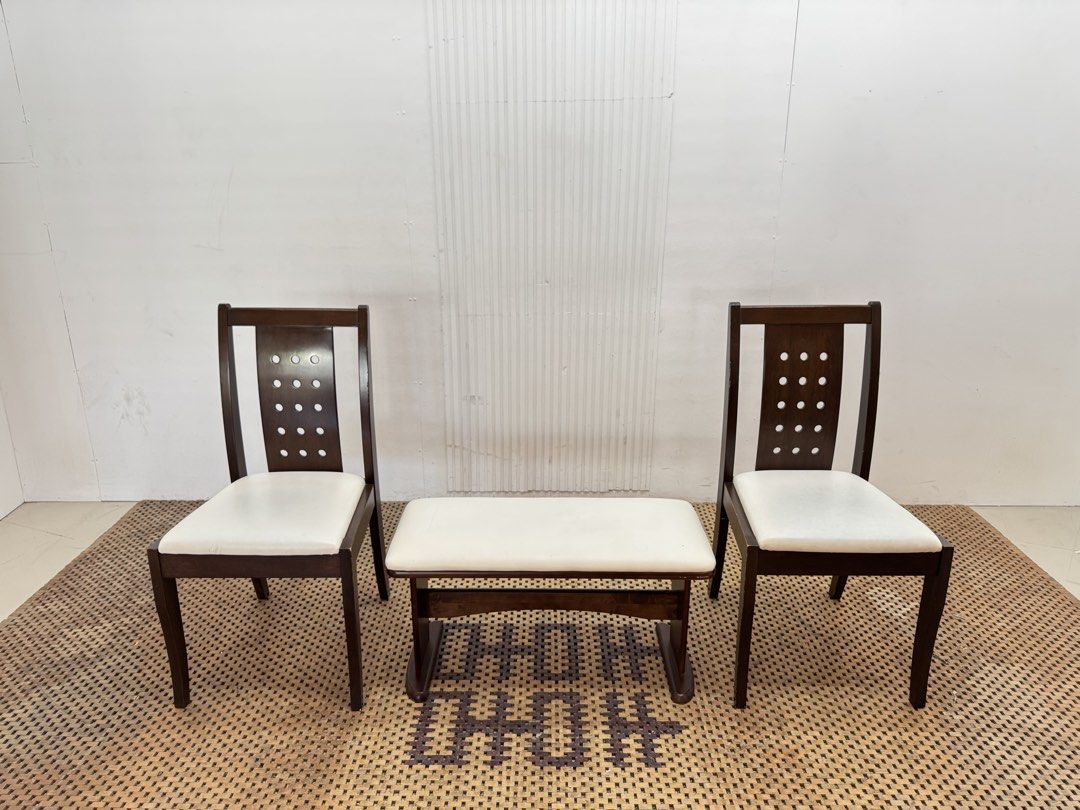 Dining chair (Category: Chairs) located in Quezon City. Submitted by matetdevis13 (Listing ID 1469899372, Image 2). Description: 3-Piece Wooden Dining Seating Set 2 Chairs & Upholstered Bench Price: 7,500 Bench: L30 x W13 x H15.5 Chair: L18 x W19 x H34.5/18 In good condition Code JMD12/5-M97/157.