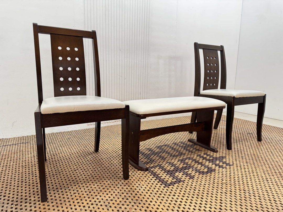 Dining chair (Category: Chairs) located in Quezon City. Submitted by matetdevis13 (Listing ID 1469899372, Image 3). Description: 3-Piece Wooden Dining Seating Set 2 Chairs & Upholstered Bench Price: 7,500 Bench: L30 x W13 x H15.5 Chair: L18 x W19 x H34.5/18 In good condition Code JMD12/5-M97/157.