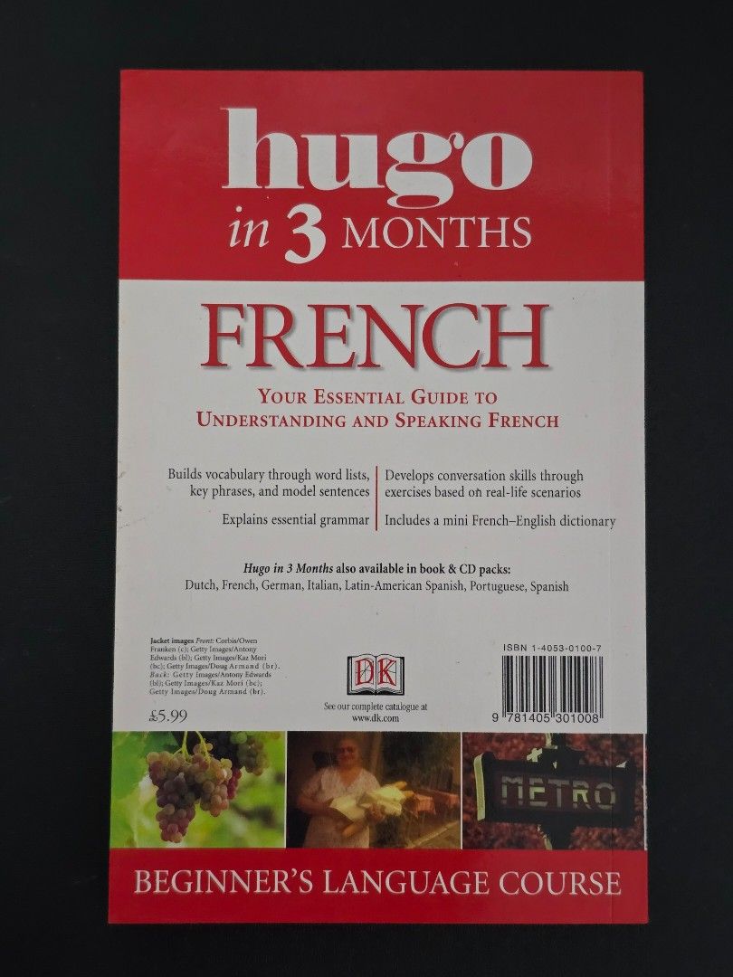 DK Hugo in 3 Months French Beginner's Language Course (Category: Children's Books) located in Dasmarinas. Submitted by curatedreadsbykat (Listing ID 1469773786, Image 3). Description: ✨ Secondhand ✨ This is a preloved copy so kindly manage your expectations. May have flaws like dents, tanning, foxing, writings, etc. ✨ Kindly swipe left on the picture section of the listing to see the condition of the book..