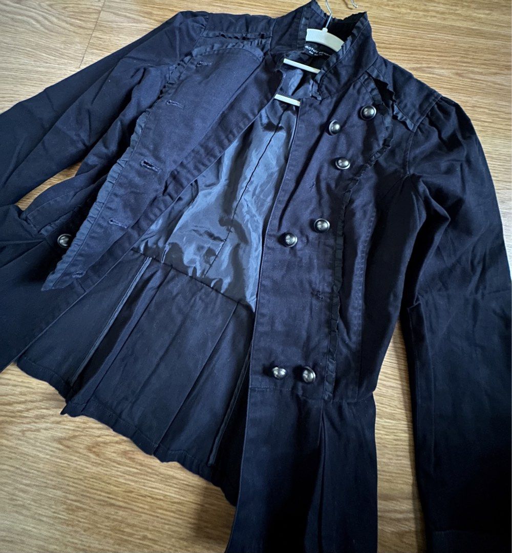 Dorothy Perkins Black Jacket (Category: Coats, Jackets and Outerwear) located in Mandaluyong City. Submitted by unworntobarelyworn (Listing ID 1469862878, Image 3). Description: - Brand: Dorothy Perkins - Size: UK 8 / Euro 36 - Color: Black - Style: Vintage-inspired military jacket with double-breasted dome buttons - Details: Ruffle trim along the placket, structured button-accent cuffs, and a flared peplum hem at the back - Fit: Stand-up collar 