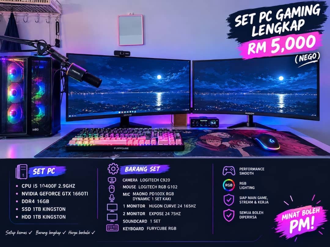 Dual Monitor Gaming PC Setup with Keyboard and Mouse, Computers & Tech ...