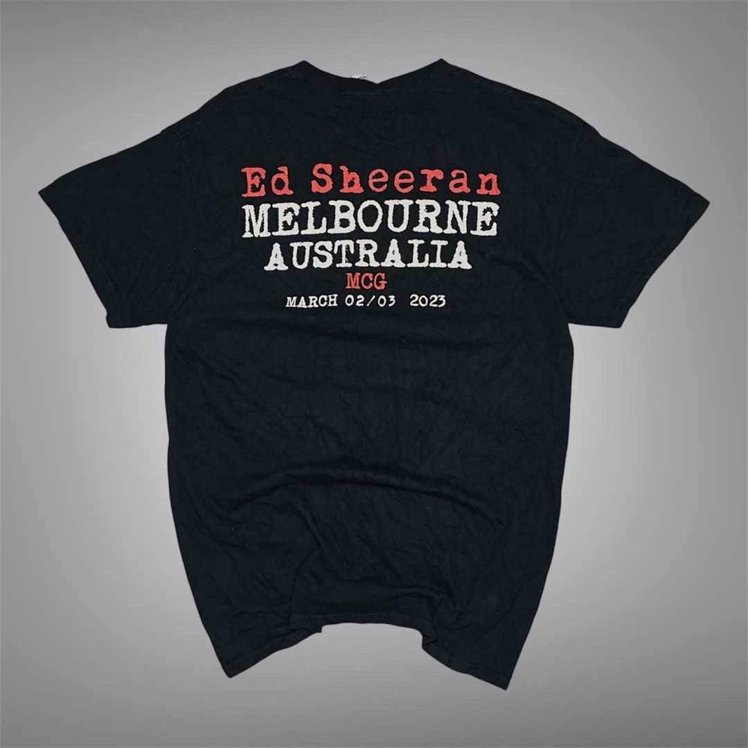 Ed Sheeran Mathematics Tour Melbourne 2023 T-Shirt (Category: Tshirts & Polo Shirts ) located in Naga. Submitted by lootersfinder (Listing ID 1469856435, Image 2). Description: - Event: Ed Sheeran Mathematics Tour (Melbourne MCG, March 2, 2023) - Color: Black - Design: Colorful mathematical symbols on front with tour text; back features date, venue, city, and artist name in red and white - Fit: Standard fit with short sleeves and crew neck - Cond