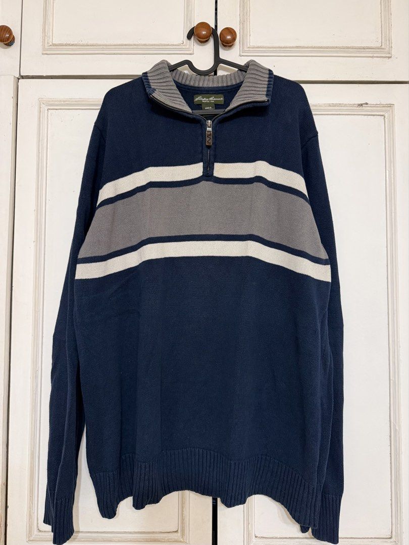 Eddie Bauer Quarter-Zip Striped Knit Sweater (Category: Coats, Jackets and Outerwear) located in Rizal. Submitted by rianaht (Listing ID 1469932001, Image 1). Description: - Brand: Eddie Bauer - Style: Quarter-zip knit sweater - Color: Navy blue, grey, and white stripes - Details: High ribbed collar, ribbed cuffs, and stylish leather zipper pull - Fit: Regular fit, perfect for layering in cooler weather - Origin: Made in Bangladesh 🌸 RFS: Declut