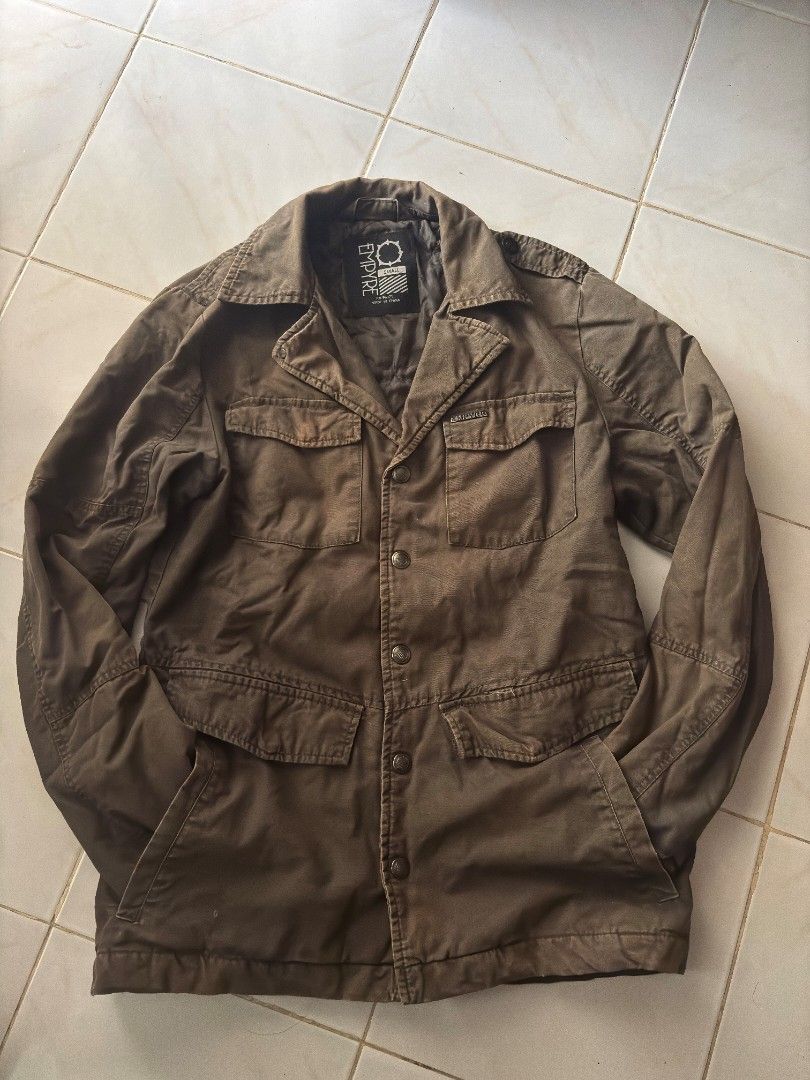 Empyre military style field jacket (Category: Coats, Jackets and Outerwear) located in Manila. Submitted by mfndevera26243 (Listing ID 1469892883, Image 1). Description: Empyre military style field jacket Distressed olive green color 100% cotton Size small on tag 21x29 dimes Best fit on medium to large frame In good condition 599 + sf Loc. Bay Laguna.