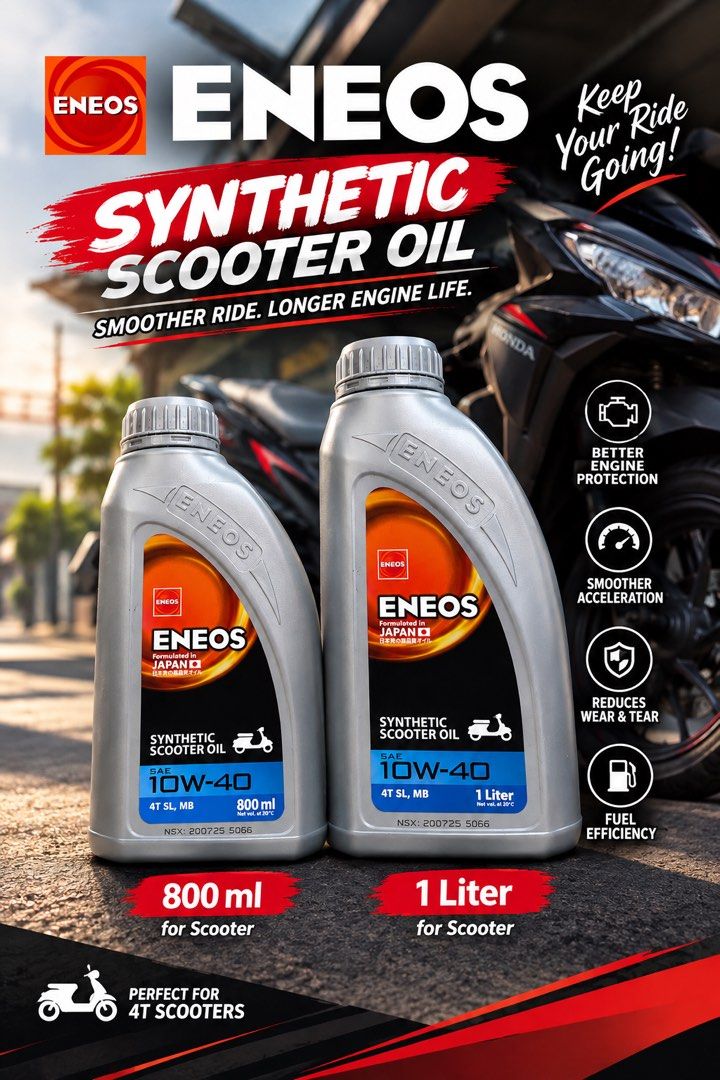 Eneos Scooter Oil (Category: Other Motorcycles Parts and Accessories) located in Davao. Submitted by annec.916 (Listing ID 1469793853, Image 1). Description: Eneos 800ml for scooter-300php Eneos 1liter-365php Physical store is in Davao City Can do ship.