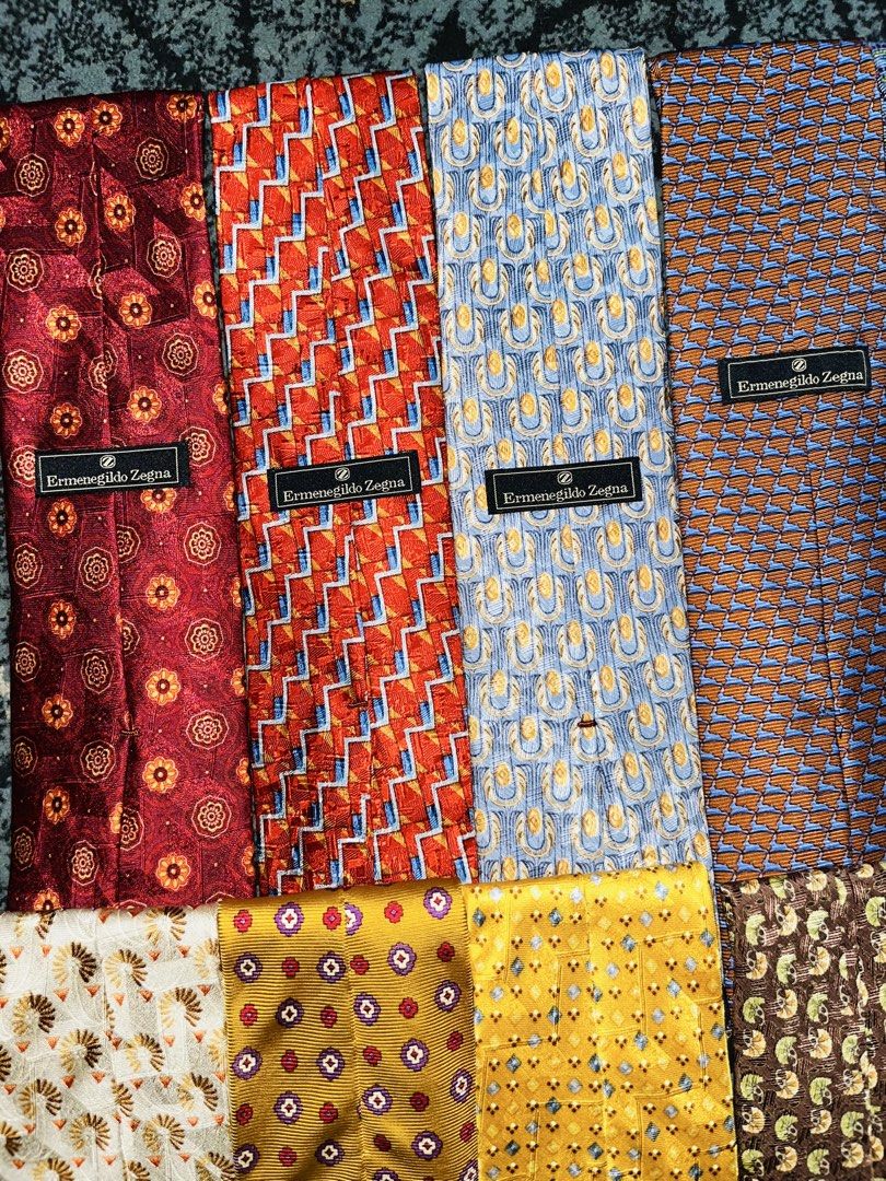 Ermenegildo Zegna Designer Silk Neckties Assorted (Category: Ties) located in Manila. Submitted by kashjulliane (Listing ID 1469909839, Image 2). Description: ₱650 each - Brand: Ermenegildo Zegna - Material: 100% Premium Italian Silk - Design: Various colors, florals, geometric shapes, and abstract patterns - Authenticity: Signature brand label stitched on the back - Condition: Excellent, perfect for professional or formal wear - Purchase Options