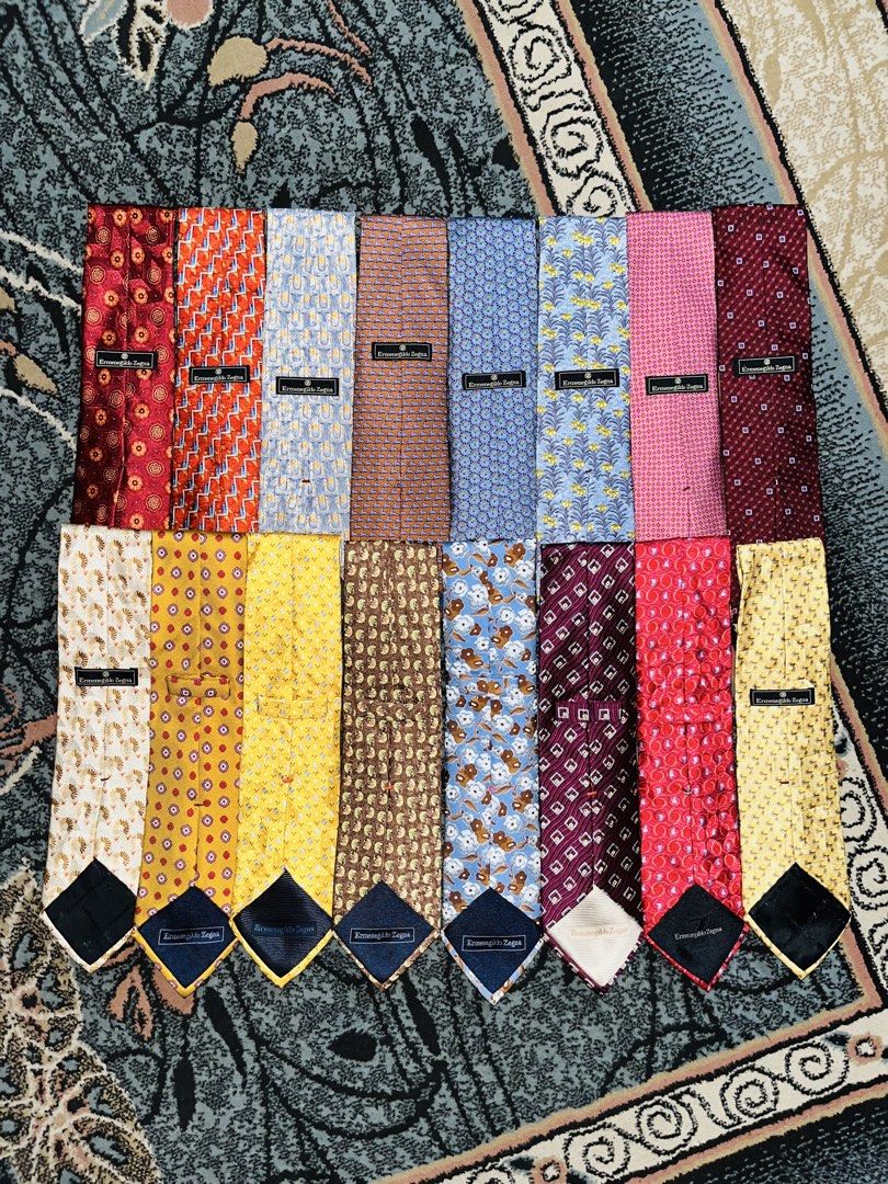 Ermenegildo Zegna Designer Silk Neckties Assorted (Category: Ties) located in Manila. Submitted by kashjulliane (Listing ID 1469909839, Image 1). Description: ₱650 each - Brand: Ermenegildo Zegna - Material: 100% Premium Italian Silk - Design: Various colors, florals, geometric shapes, and abstract patterns - Authenticity: Signature brand label stitched on the back - Condition: Excellent, perfect for professional or formal wear - Purchase Options