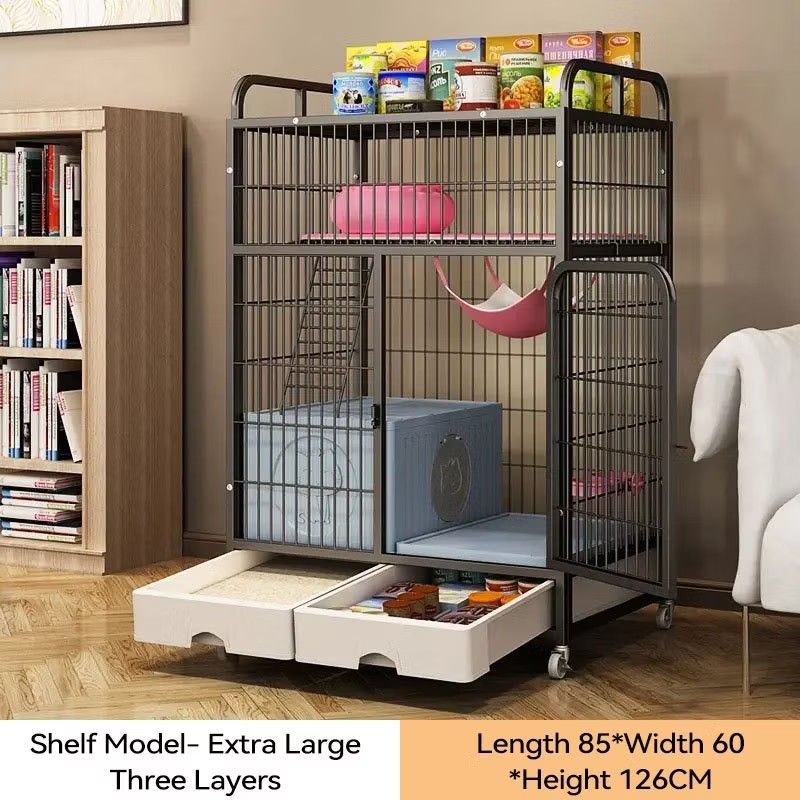 Extra Large Three Layers Pet Cage With Storage Drawers (Category: Shelves, Cabinets & Racks) located in Manila. Submitted by purplestuffedph (Listing ID 1469798228, Image 1). Description: - 3-Tier Spacious Design: Dimensions are 85cm (L) x 60cm (W) x 126cm (H), offering plenty of room for your pets. - Heavy-Duty Build: Sturdy metal frame equipped with rolling wheels for easy mobility around the room. - Extra Storage: Convenient top shelf to keep 