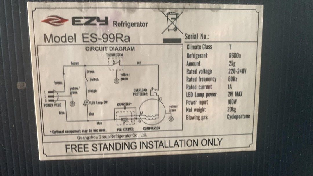 EZY Refrigerator Model ES-99Ra Mini Fridge (Category: Refrigerators and Freezers) located in Manila. Submitted by dragonlady118 (Listing ID 1469830176, Image 2). Description: - Brand: EZY - Model: ES-99Ra - Exterior Finish: Sleek black with a sturdy white frame base - Width: 18.8 inches (compact design, ideal for small spaces) - Power: 220-240V, 60Hz - Interior Features: Clean white compartments, adjustable glass shelves, crisper drawer, and door