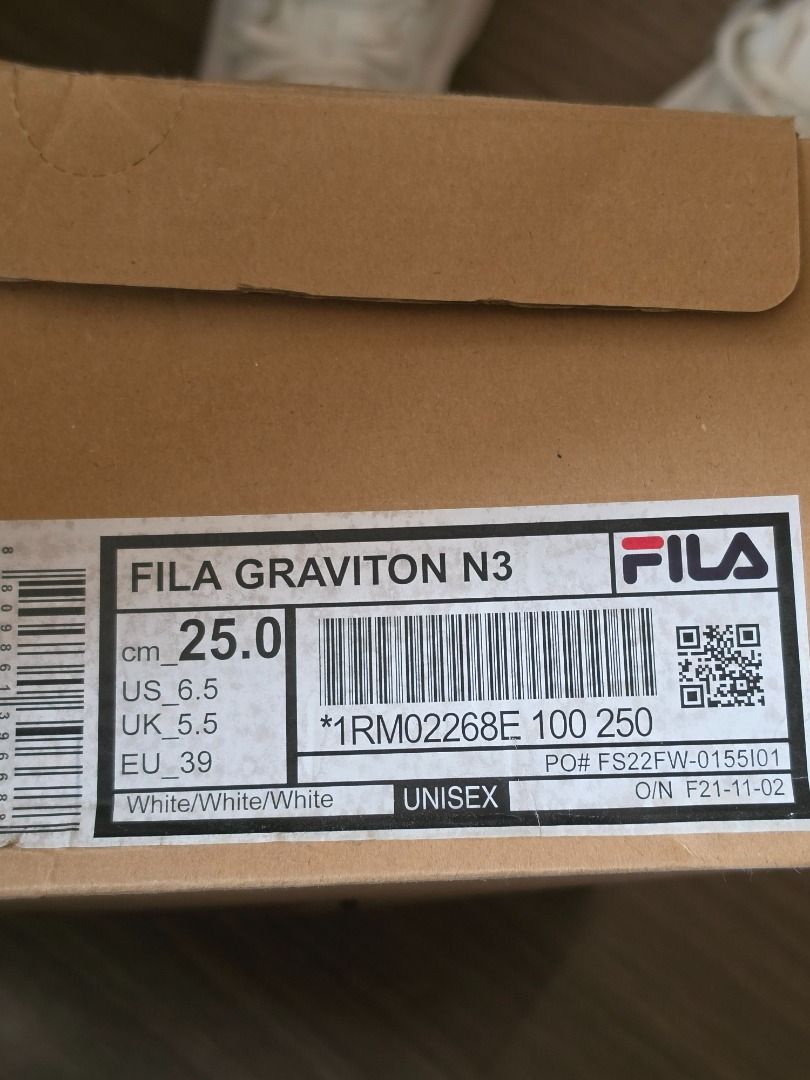 Fila Graviton N3 White Sneakers Size (Category: Sneakers) located in Caloocan City. Submitted by wr_lo715 (Listing ID 1469769884, Image 2). Description: - Brand: Fila Graviton N3 - Color: All-White - Condition: Brand new, never worn, comes with original shoe box - Features: Trendy chunky sole, breathable mesh paneling, tonal overlays, and lace-up closure with logo tag - Deal: Guaranteed clean pair, ready to ship or meet up.