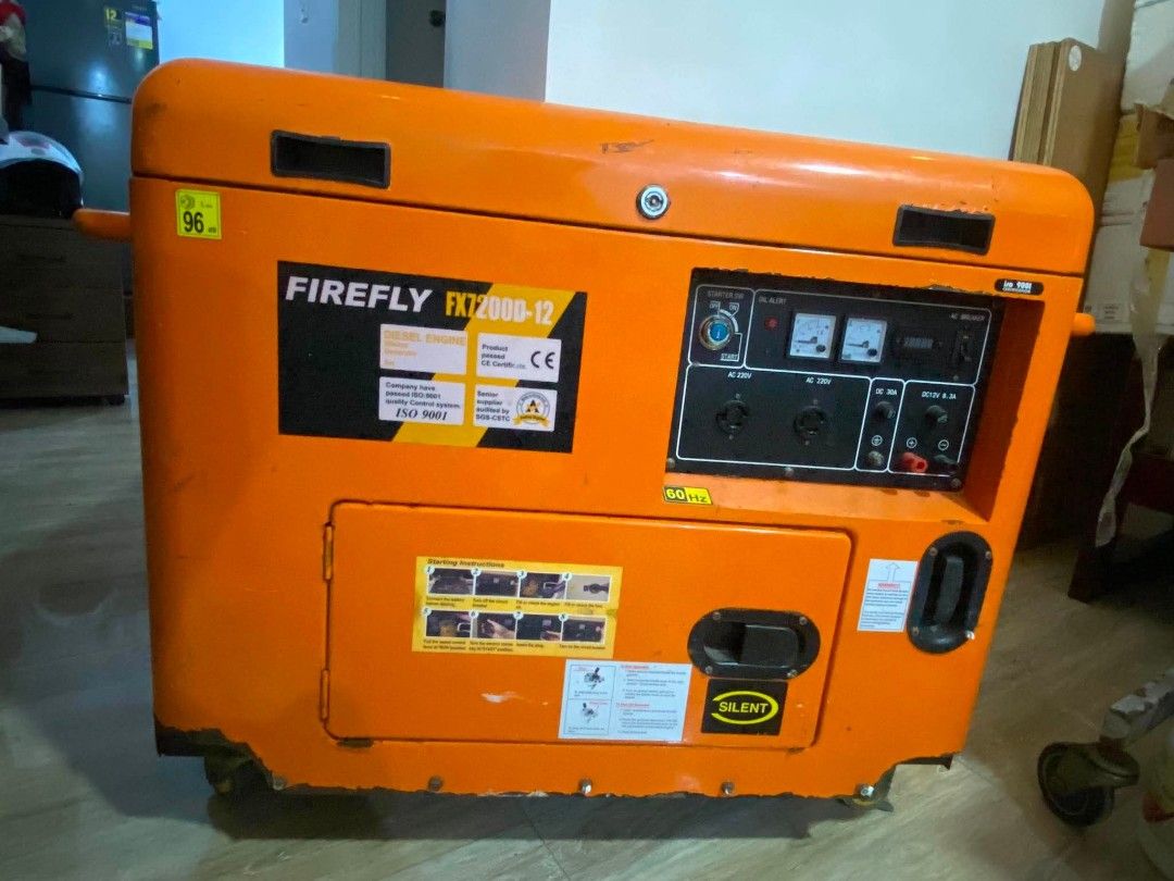 Firefly FX7200D-12 Diesel Engine Generator (Category: Industrial Equipment) located in Cebu City. Submitted by sherosales (Listing ID 1469875982, Image 1). Description: - Location: Cebu City - Brand/Model: Firefly FX7200D-12 Heavy-Duty Diesel Generator - Color/Design: Bright orange with silent-type housing and built-in wheels for mobility - Control Panel: Starter switch, oil alert light, voltage & amp meters - Power Outputs: Two AC 220V outlets, 