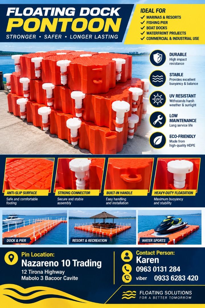 Floating Dock Pontoon (Category: Looking For) located in Bacoor. Submitted by kajezame.2021 (Listing ID 1469804079, Image 1). Description: Floating Dock Pontoon For More Details and Discount Contact Ms. Karen NAZARENO 10 TRADING 0963 0131 284 0933 6283 420 0956 7028 557 0933 8559 510 Landline: Look for Ms. Karen (046 ) 416 3920 Also available: • Traffic cone • Parking Block stopper • Hooded trash bin • Road Plastic Barrier • Spill boom • Fishing 