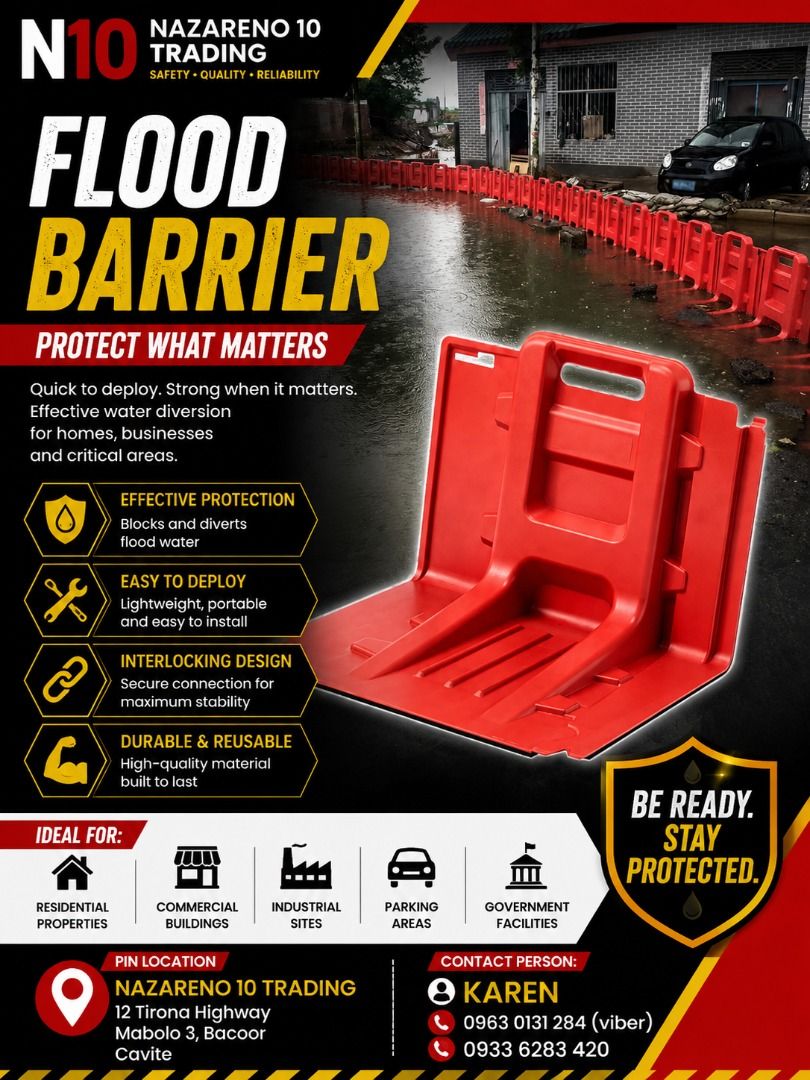 Flood Barrier flood Barricade (Category: Looking For) located in Bacoor. Submitted by kajezame.2021 (Listing ID 1469814731, Image 1). Description: Flood Barrier flood Barricade For More Details and Discount Contact Ms. Karen NAZARENO 10 TRADING 0963 0131 284 0933 6283 420 0956 7028 557 0933 8559 510 Landline: Look for Ms. Karen (046 ) 416 3920 Also available: • Traffic cone • Parking Block stopper • Hooded trash bin • Road Plastic Barrier • Spill