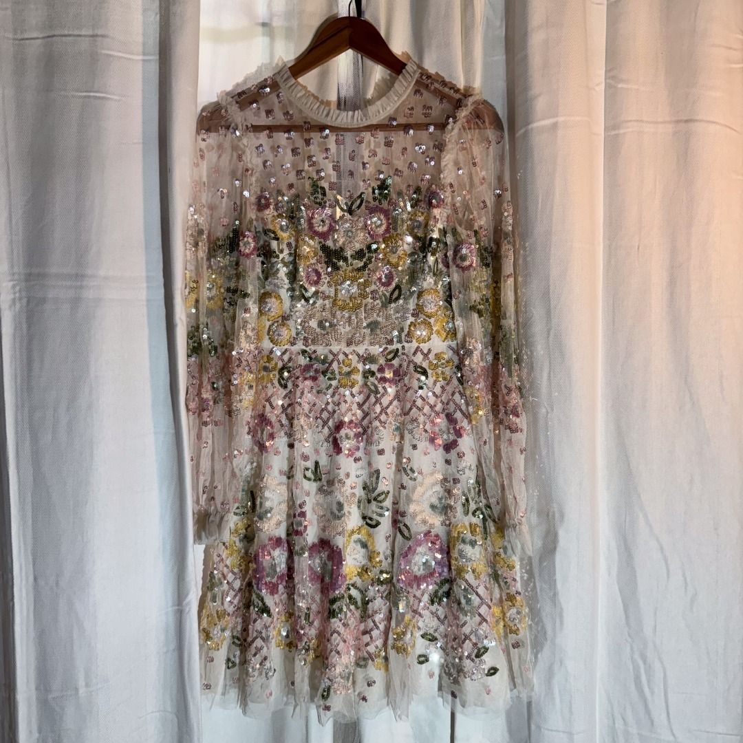 Floral Sequin Mesh Long Sleeve Mini Dress (Category: Dresses) located in Marikina City. Submitted by repurpose_studio (Listing ID 1469788595, Image 3). Description: -Needle & Thread Rosalie Floral Sequin Mini Dress -Original Price at Php 30,000.00 Long sleeve mini dress covered in colorful sequins and floral embroidery. Sheer mesh fabric with ruffled high collar and cuffs. Zip closure down the back. Fully lined bodice and skirt. Worn once for a p