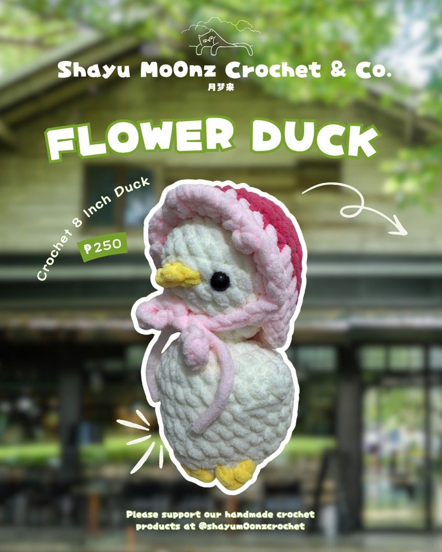 Flower Duck Plush (Category: Kids Toys) located in Manila. Submitted by moonstruckedcrochet.co (Listing ID 1469798999, Image 1). Description: Allow 4 days before shipping. This is a handmade product made with high quality and care. We also accept customization for the product as it is made per order. .