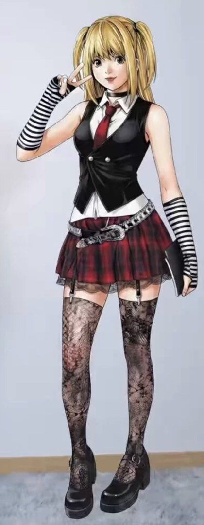 *For Rent* Misa Amane Death Note Cosplay Costume Full Set (Category: Sets or Coordinates) located in Manila. Submitted by ishiramos.bear (Listing ID 1469530213, Image 3). Description: ✨For Rent: P600 only good for 2 days Inclusions: - Complete Misa Amane Death Note cosplay set - Includes: black vest top white inner collar red plaid skirt red tie with cross necklace black belt arm warmers mesh stockings blonde twin-tail wig Deathnote notebook ✨Siz