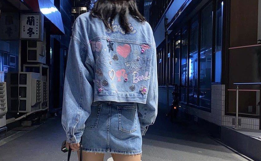 Forever 21 Barbie Embellished Cropped Denim Jacket (Category: Coats, Jackets and Outerwear) located in Angeles City. Submitted by m1lkramen (Listing ID 1469781237, Image 1). Description: BOUGHT FOR 3K++ - Brand: Forever 21 x Barbie - Wash: Light blue denim - Fit: Cropped, boxy with dropped shoulders - Details: Heavy rhinestone, sequin, and patch embroidery with pink glitter hearts and '59' logos - Closure: Front metal buttons - Style: Ultimate st
