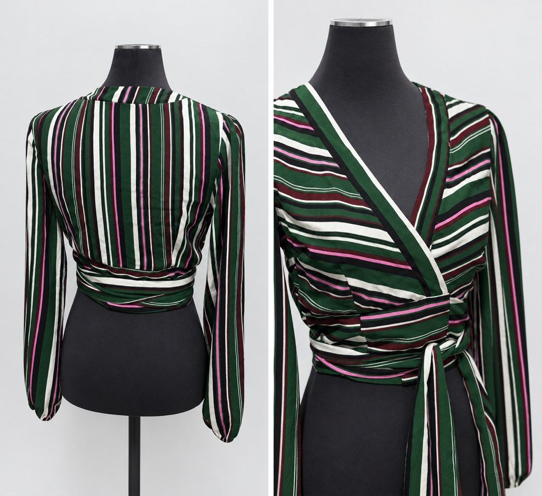Forever 21 Green Striped Wrap Crop Top (Category: Blouses) located in Santa Cruz. Submitted by zellethrifts (Listing ID 1469927289, Image 2). Description: • Bought in Japan 🇯🇵 • Used once / Like new • Fits medium to large • In excellent condition • Photos taken using mannequin only 🚚 Shipping via J&T only 📦 Shipping fee to be shouldered by buyer 💳 Mode of payment: GCash 📍 Santa Cruz, Laguna.